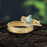 Nature-Inspired Pear-Cut Natural Moss Agate Couple's Engagement Ring Set